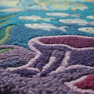 May include: Close-up of a colorful, textured rug with an underwater scene. The rug features shades of blue, green, and purple, depicting fish and coral. The design is detailed and the texture is plush, creating a vibrant and tactile piece.