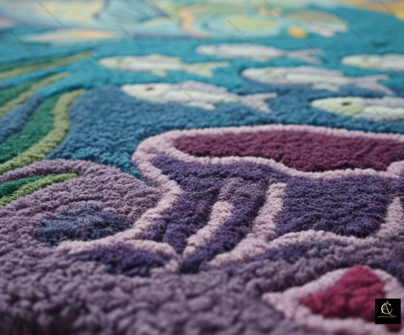 May include: Close-up of a colorful, textured rug with an underwater scene. The rug features shades of blue, green, and purple, depicting fish and coral. The design is detailed and the texture is plush, creating a vibrant and tactile piece.