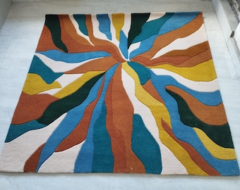 Tapete Sunburst feito à mão em lã tufada | Tapete abstrato boho de meados do século para sala de estar