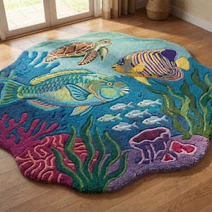 May include: A round, ocean-themed rug featuring a vibrant underwater scene. The rug showcases a sea turtle, colorful fish, coral, and seaweed against a blue background. The rug's edge is shaped like a wave.