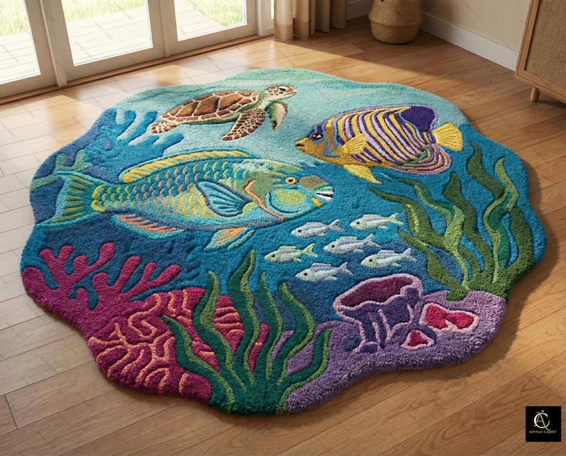 May include: A round, ocean-themed rug featuring a vibrant underwater scene. The rug showcases a sea turtle, colorful fish, coral, and seaweed against a blue background. The rug's edge is shaped like a wave.