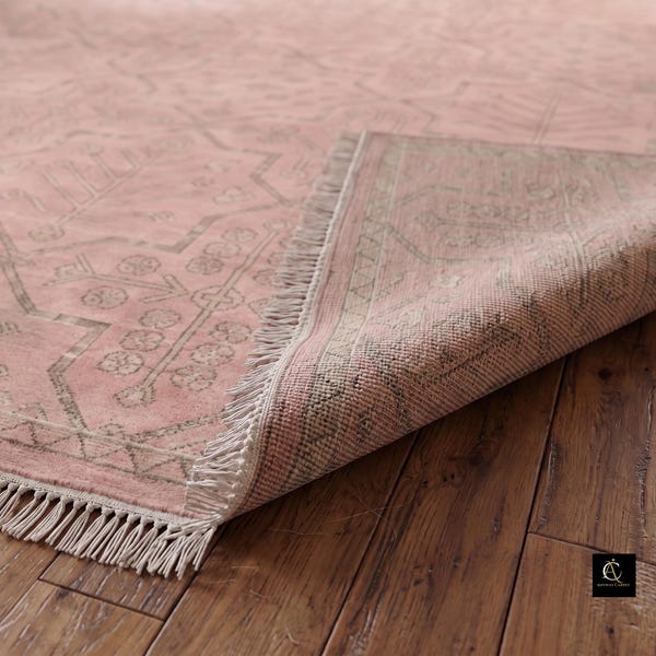 Hand Knotted Pink Oushak Wool Rug | Vintage Turkish Oriental Carpet
