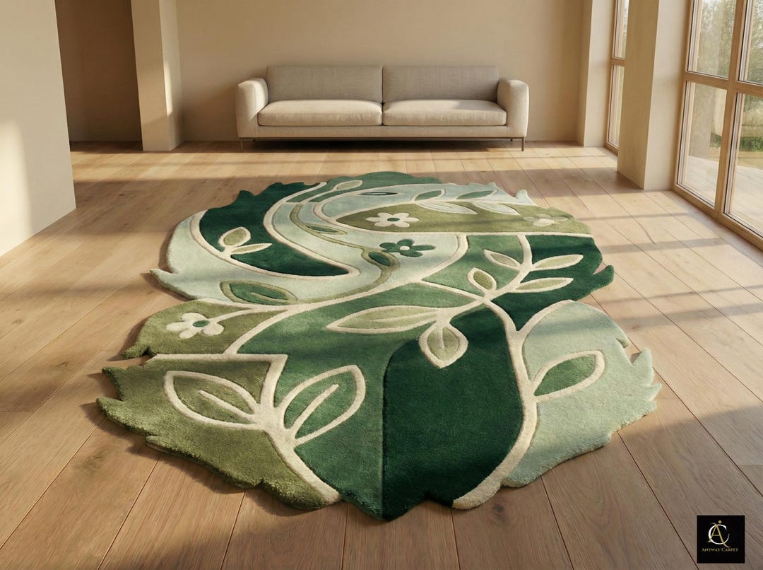 Hand Tufted Botanical Leaf Rug | Irregular Green Area Rug | Nature ...