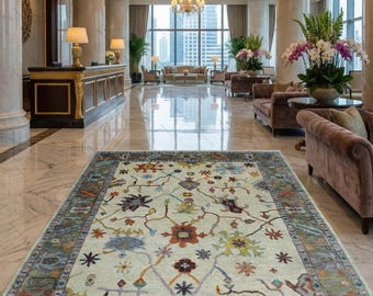 Vintage Oushak Area Rug - Hand Knotted Wool - Ivory Persian Style Carpet