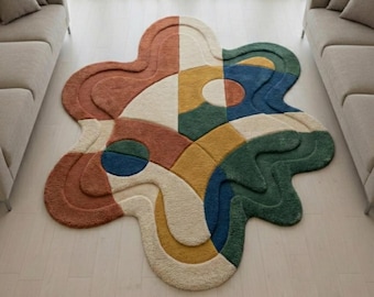 Hand Tufted Abstract Wool Rug | Modern Organic Shape Area Carpet for Living Room