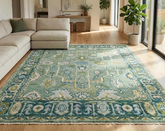 Handgeknoopt oushak-wollen vloerkleed | Saliegroen oosters bloementapijt, luxe vloerkleed