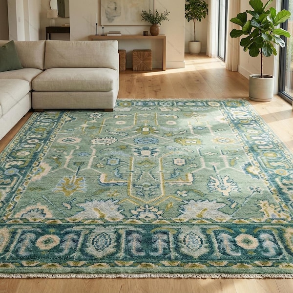Hand Knotted Oushak Wool Rug | Sage Green Floral Oriental Carpet, Luxury Area Rug