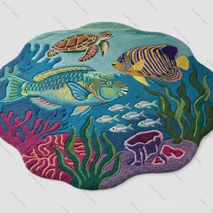 May include: A colorful, ocean-themed rug featuring a sea turtle, fish, and coral. The rug has a blue background with detailed depictions of marine life, including a parrotfish, angelfish, and small white fish. The rug's shape is irregular, resembling an underwater scene.