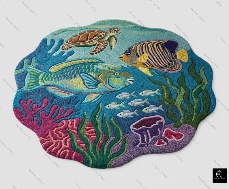 May include: A colorful, ocean-themed rug featuring a sea turtle, fish, and coral. The rug has a blue background with detailed depictions of marine life, including a parrotfish, angelfish, and small white fish. The rug's shape is irregular, resembling an underwater scene.
