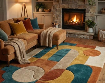Hand Tufted Geometric Rug, Colorful Abstract Area Rug, Retro Mid Century Modern Rug, Teal Mustard Rust Living Room Carpet, Statement Rug