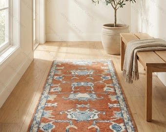 Handgeknüpfter Oushak Teppichläufer, Rust Orange & Blauer Wollteppich, Türkischer Vintage Teppich für die Küche