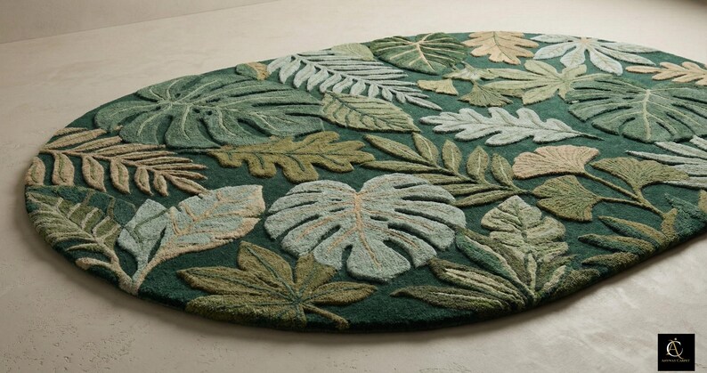 Hand Tufted Botanical Rug, Tropical Leaf Area Rug, Green Jungle Rug, Nature Inspired Living Room Carpet, Floral Plant Decor, Statement Rug image 4