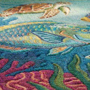 May include: A close-up of a colorful rug with an underwater scene. The rug features a sea turtle, fish, and coral in shades of blue, green, yellow, and pink. The design is detailed and textured, creating a vibrant ocean-themed decor.