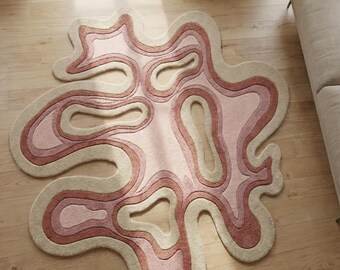 Hand Tufted Abstract Rug | Organic Blush Pink Beige Wavy Carpet (Custom Size)