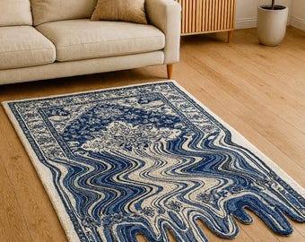 Melting Persian Rug: Trippy Blue Optical Illusion Floor Decor