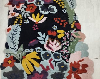 Boho Hand Tufted Rug | Abstract Colorful Flower Area Rug | Unique Irregular Shape Carpet