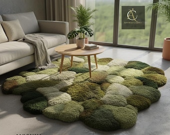 Handgefertigter 3D Grüner Wollteppich | Moos-inspirierte Textur für das Dekor des modernen Naturliebhabers
