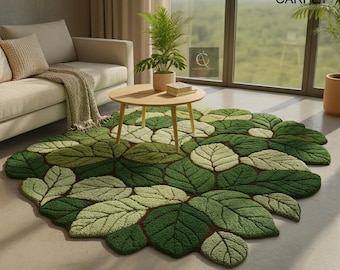 Moderner Blattförmiger Teppich | Handgemachter Wollteppich | Grün botanischer Bodenteppich für Schlafzimmer
