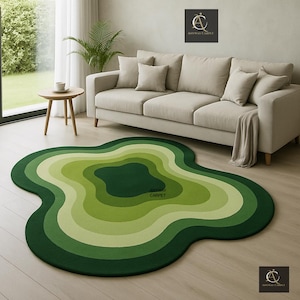 Green Wool Rug: Abstract Organic Shape, Hand-Tufted 8x10