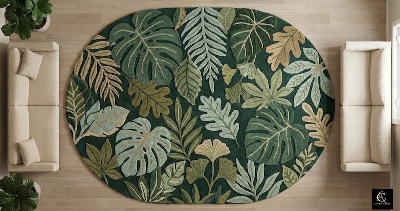Hand Tufted Botanical Rug, Tropical Leaf Area Rug, Green Jungle Rug, Nature Inspired Living Room Carpet, Floral Plant Decor, Statement Rug image 2