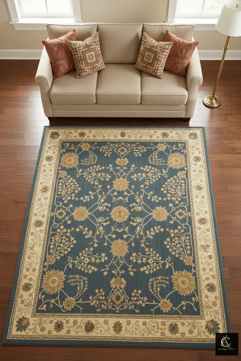 青とベージュの伝統的なラグ 伝統的なブルー＆ベージュの花柄メダリオンラグ｜ヴィンテージ風織り
