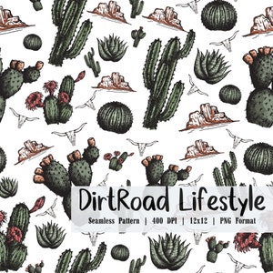 Cactus Desert Seamless Pattern, Digital Design, 400 DPI, PNG Format