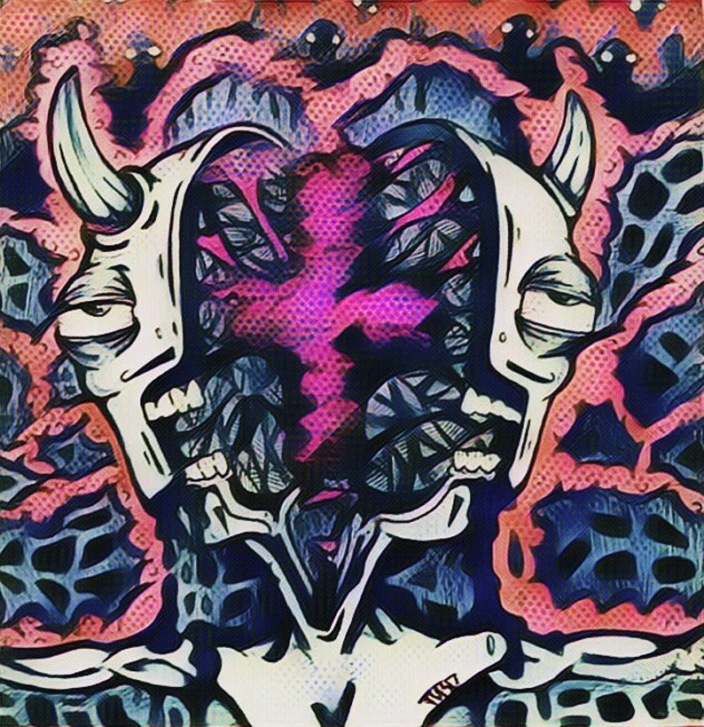 May include: A digital artwork featuring a surreal, grotesque face with two horns, multiple eyes, and a pink, geometric pattern in the centre. The face is surrounded by a dark, swirling background with a dotted pattern.
