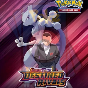 May include: A Pokémon Trading Card Game box featuring the text "Scarlet & Violet Destined Rivals." The image showcases a purple Mewtwo and a man in a black suit with a red "R" emblem. The background has red and purple diagonal stripes.