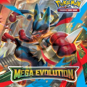 May include: A Pokémon Trading Card Game box featuring a Lucario character in a dynamic pose. The box has a vibrant design with red, blue, and yellow accents, and the words "MEGA EVOLUTION" are prominently displayed.