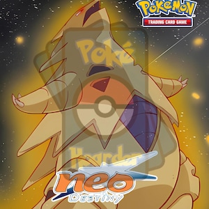 May include: A golden Pokémon card featuring a large, golden, armored creature with red eyes and a purple and black design. The card is from the Neo Destiny set and features the Pokémon Trading Card Game logo.