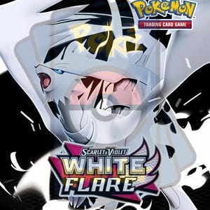 May include: A trading card game box featuring a white and black illustration of a creature with blue eyes and open mouth. The box has the "Pokémon Trading Card Game" logo and the text "Scarlet & Violet White Flare".
