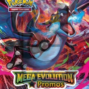 May include: A Pokémon Trading Card Game promo pack featuring a Mega Evolution Pokémon. The artwork showcases a dynamic illustration of a blue and black creature with fiery breath against a vibrant, colorful background. The pack includes the text "Mega Evolution Promos".
