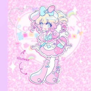 May include: A pink and blue cartoon character with blonde hair wearing a nurse's uniform and boots. The character is holding a syringe and has a heart-shaped sticker on the bottom of the image.