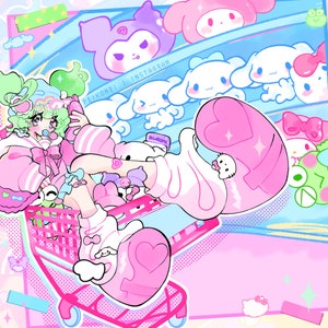 Kawaii Shopping Cart Anime Girl Art Print | 6x6", Full Color