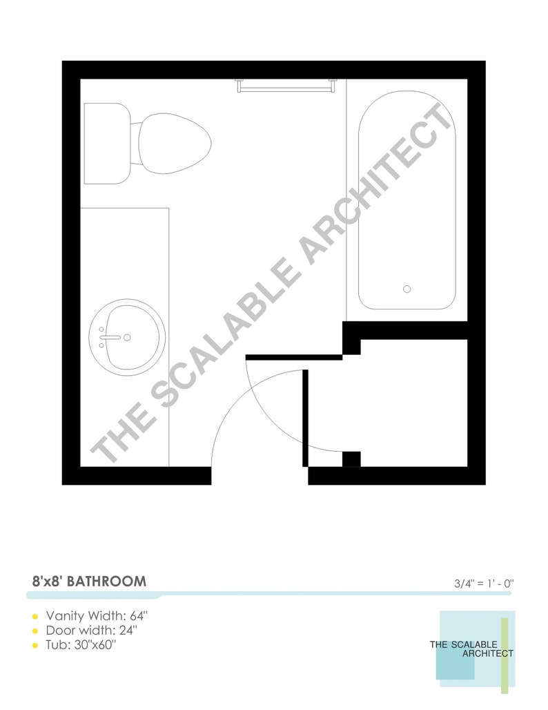 Bathroom Floor Plan 8x8 With Vanity Sink, Tub, and Linen Closet