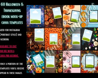 60 Halloween und Thanksgiving Flatlay Ebook Mock-ups für Canva Pro Vorlagen für Autoren