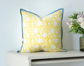 Floral block print cushion cover |  block print pillow cover | Throw cushion | Yellow cushion | Pink cushion | colorful throw pillows |