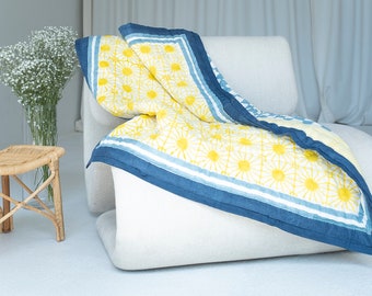 Reversible Baby Quilt | Blue Checkerboard & Yellow Sun Print