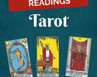 May include: Tarot card reading with three cards: The World, The Magician, and Justice. The World card shows a woman standing in a wreath, The Magician card shows a man holding a wand, and the Justice card shows a woman sitting on a throne holding a sword and scales.
