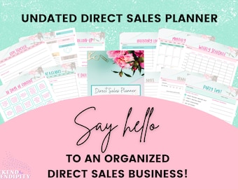 May include: A pink and teal printable planner with the text "UNDATED DIRECT SALES PLANNER" and "Say hello to an organized direct sales business!"  The planner includes pages for goal tracking, inventory, follow-up, weekly schedule, and party planning.