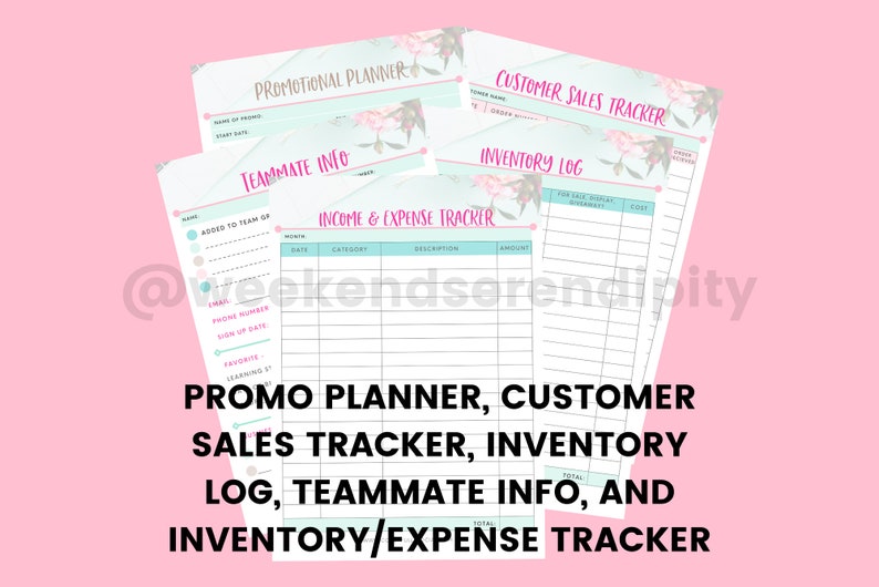 May include: A set of printable business planner pages with a floral design. The pages include a promotional planner, customer sales tracker, inventory log, teammate info, and income and expense tracker.