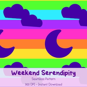Rainbow Stripe Moon and Clouds Seamless Repeat Pattern, Digital Download, Commercial Use Ok