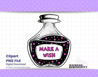 May include: Black and white illustration of a glass bottle with a cork stopper. The bottle is filled with a dark liquid and has pink stars and crescent moons on the outside. The bottle has a label that says "Make a Wish".