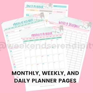 May include: Printable planner pages with floral designs. The pages include a daily planner, a weekly schedule, and a monthly planner with a month at a glance section.