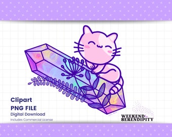 Kawaii Cat on a Crystal PNG File, Digital Download for Sublimation, T-Shirt Designs, Clip Art | Commercial Use Ok