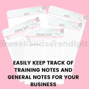 May include: Printable training and general notes templates with floral designs. The templates have sections for topic, speaker, date, and notes. The text "EASILY KEEP TRACK OF TRAINING NOTES AND GENERAL NOTES FOR YOUR BUSINESS" is at the bottom of the image.