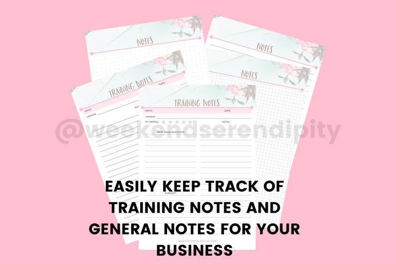 May include: Printable training and general notes templates with floral designs. The templates have sections for topic, speaker, date, and notes. The text "EASILY KEEP TRACK OF TRAINING NOTES AND GENERAL NOTES FOR YOUR BUSINESS" is at the bottom of the image.