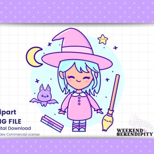 Kawaii Witch with Bat Moon and Broom PNG File, Digital Download for Sublimation, T-Shirt Designs, Clip Art | Commercial Use Ok