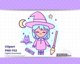 Kawaii Witch with Bat Moon and Broom PNG File, Digital Download for Sublimation, T-Shirt Designs, Clip Art | Commercial Use Ok