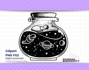 May include: Black and white illustration of a glass jar filled with a swirling galaxy design. The jar has a lid and is filled with stars, planets, and clouds. The text "Weekend Serendipity" is at the bottom of the image.